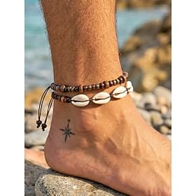 Herren-Fußkettchen-Set im Boho-Stil mit Kaurimuscheln und Holzperlen, 2-teilig, handgefertigter, verstellbarer Fußschmuck im Ethno-Stil für den Sommerurlaub am