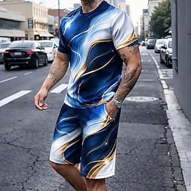 Men's Geometic 2pcs Tees sets Summer Tops Short Sleeve Short Pants Crew Neck Casual Trendy Street Style Casual Daily Vacation 3D Print Summer Blue Red Purple