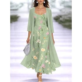 Women's Dress Set A Line Dress Elegant Vacation Floral Graphic Layered Print Midi Dress 3/4 Length Sleeve V Neck Daily Party Light Green Light Purple Dark Blue