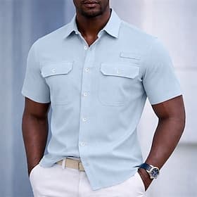 Men's Shirt Casual Shirt Button Up Shirt Cargo Shirt Black White Navy Blue Blue khaki Short Sleeve Plain Shirt Collar Casual Daily Front Pocket Clothing Appare