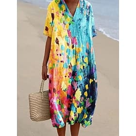 Femmes Robe Midi Robe fourreau Vacances Occasionnel Chaussures de plage Quotidien Sortir Coupe Ample Graphique Géométrique Manche Courte Col en V Jaune Rouge V
