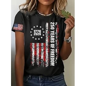 American Independence Day Women's T Shirt Print Graphic Letter American Flag Stylish Classic Casual Short Sleeve Crew Neck Regular Tops Daily Blue Ash Black Wh