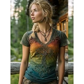 Dames T-shirt Afdrukken Ombre Grafisch graffiti Bohemen Vintage Casual Korte mouw V-hals Normale tops Dagelijks Groen Zomer Lente