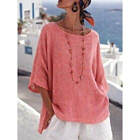 Femmes Chemises effet lin Chemisier Couleur Unie Élégant Occasionnel Manche 3/4 Col ras du cou Hauts Réguliers Quotidien Bleu Jaune Rose Claire Violet Gris Été