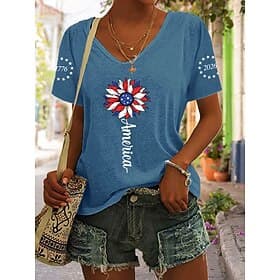 American Independence Day Women's T Shirt Print Graphic American Flag Vintage Stylish Classic Short Sleeve V Neck Regular Tops Daily Blue Black White Gray Summ