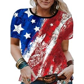 Amerikanischer Unabhängigkeitstag Damen Hemd Bluse Patchwork Druck Amerikanische Flagge Stilvoll Klassisch Modern Ärmellos Langarm Rundhalsausschnitt Normale O