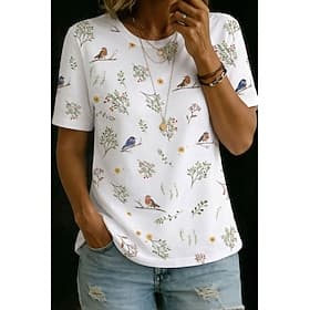 Women's T Shirt Print Floral Graphic Bird Stylish Basic Classic Short Sleeve Crew Neck Regular Tops Daily Blue White Pink Summer Spring
