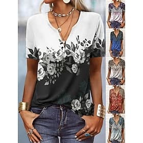 Women's 100% Cotton T Shirt Patchwork Print Floral Graphic Elegant Vintage Fashion Short Sleeve V Neck Regular Tops Daily Going out Weekend Blue Black Pink Win