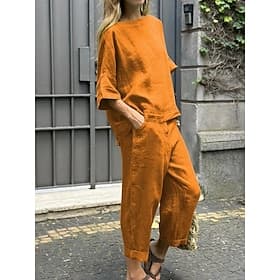 Per donna Set di Pantaloni Finto cotone e lino Manica 3/4 Girocollo Tinta unica Elegante Moda Streetwear Casuale Quotidiano All'aperto Nero Bianco Giallo Estat