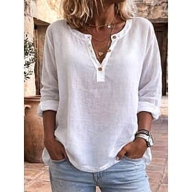 Femmes Chemisier Chemise en coton Boutons Couleur Unie Quotidien Élégant Basique manche longue Col en V Hauts Réguliers Quotidien Blanche Été Printemps Automne
