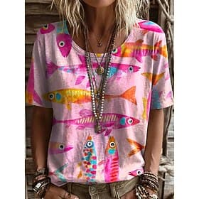 Femmes T-shirt Imprimé Graphique Abstrait Géométrie Classique Occasionnel Manche Courte Col ras du cou Hauts Réguliers Quotidien Sports Bleu Jaune Rose Claire