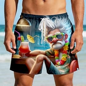 Men's Funny Cartoon Character Old Man Swim Trunks Swim Shorts Board Shorts Mid Waist Retro Vintage Outdoor Vacation Dailywear Side Pockets Mesh Lining Elastic