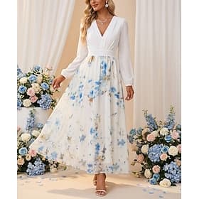 Damen Langes Kleid Maxikleid Freizeitkleid Chiffonkleid Blumenkleid Elegant Mode Romantisch Outdoor Ferien Date Normale Passform Blume Langarm V Ausschnitt Bla