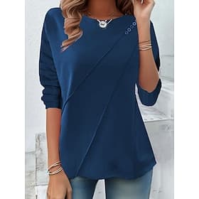 Women's T shirt Long Sleeve Solid Color Stylish Casual Long Sleeve Crew Neck Regular Tops Daily Buttons Black Yellow Red Blue Spring Prefall