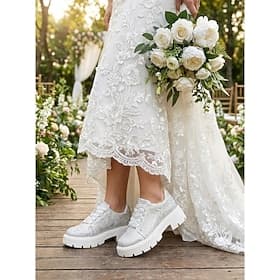 Women's White Glitter Chunky Sneakers - Comfortable Wedding Shoes for Garden Brides, Outdoor Ceremony, Casual Stylish Bridal Footwear