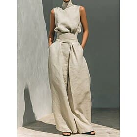 Femmes Ensemble effet lin Ensembles de Pantalons Sans manches Col roulé Couleur Unie Mode Streetwear Occasionnel Quotidien Extérieur Noir Rose Claire Vert Véro