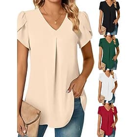 Women's Blouse Tee Top Patchwork Plain Elegant Vacation Vintage Short Sleeve V Neck Regular Tops Daily Holiday Going out Navy Blue Green Khaki Light Blue Summe