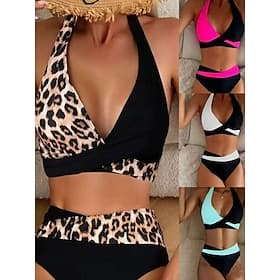 Per donna Costumi da bagno Bikini Due pezzi Vita alta Costume da bagno Arricciato Senza schiena Vacanza Abbigliamento da Spiaggia Leopardo Blocco di colori All