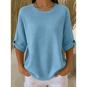 Women's Waffle Shirt Waffle T-shirt Waffle Lounge T-shirt T Shirt Buttons Solid Color Stylish Casual 3/4 Length Sleeve Crew Neck Regular Tops Daily Blue Purple