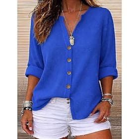 Women's Waffle Shirt Elegant Vacation Daily V Neck Long Tops Daily Holiday Beach Wear Blue Yellow Orange Summer Spring