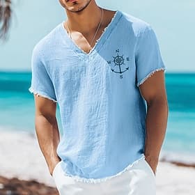 T-shirt homme imprimé boussole et ancre, col V, mélange lin et coton, bords francs, idéal pour les vacances d'été à la plage. Respirant et doux, style tendance