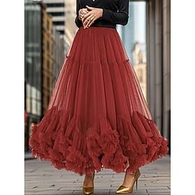 Women's Vacation Skirt Elegant Fashion Cute Casual Maxi Mid Rise Skirts Plain Elastic Waist Layered Mesh Micro-elastic Daily Vacation Apricot Black Pink Wine S