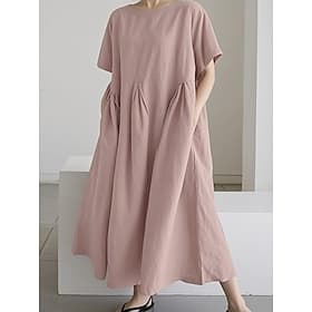Women's Midi Dress Cotton Blend Casual Dress Cotton Linen Dress Elegant Fashion Modern Daily Outdoor Vacation Loose Fit Plain Short Sleeve Crew Neck Black Whit