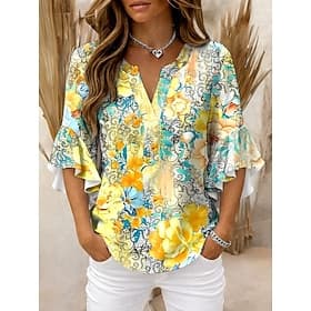 Women's Blouse Ruffle Print Floral Graphic Vintage Daily Stylish 3/4 Length Sleeve V Neck Regular Tops Daily Holiday Vacation Wear Blue White Yellow Pink Summe