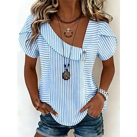 Women's T Shirt Tee Top Print Striped Fashion Stylish Classic Short Sleeve V Neck Regular Tops Daily Going out Weekend Blue Summer Spring