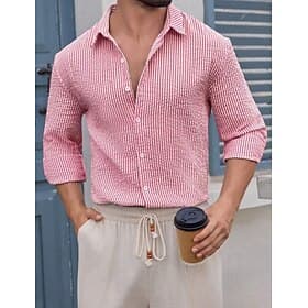 Men's Shirt Casual Shirt Seersucker Shirt Blue White Pink Gray Light Blue Long Sleeve Striped Shirt Collar Casual Daily Buttons Clothing Apparel Elegant Fashio