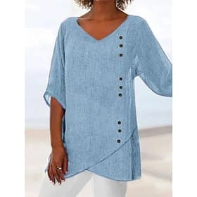 Per donna Camicia Camicie di cotone e lino Blusa Bottoni Tinta unica Elegante Classico Moderno Mezza Manica Scollo a V Top Regolari Quotidiano Ferie Uscire Blu