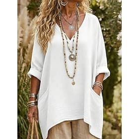 Women's Blouse Bow Solid Color Daily Stylish Basic Long Sleeve V Neck Long Tops Daily White Yellow Pink Green Summer Spring