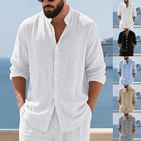 Herren Hemd Leinenhemd Sommerhemd Strandbekleidung Stehkragenhemd Hemd mit Stehkragen Einfach Lässig Urlaub Blau Schwarz Weiß Khaki Langarm Mandarinkragen Somm