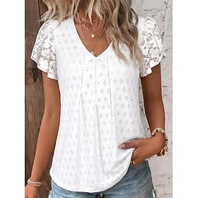 Women's Shirt Blouse Eyelet top Lace Tops Lace Eyelet Plain Stylish Basic Classic Short Sleeve V Neck Regular Tops Daily Holiday Going out Black White Pink Pur