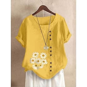Mulheres Camisa Social Blusa Imprimir Floral Gráfico Casual Manga Curta Gola Redonda Tops longos Diário Branco Amarelo Azul Marinha Verde Verão Primavera
