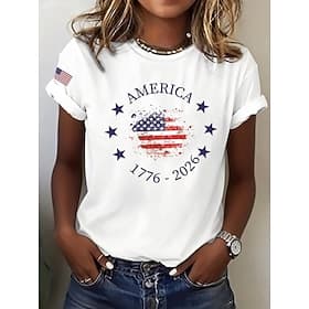 American Independence Day Women's T Shirt Print Graphic Flag Letter Vintage Stylish Classic Short Sleeve Crew Neck Regular Tops Daily Blue Black White Red Summ