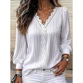 Women's Lace Shirt Blouse Lace Patchwork Solid Color Stylish Casual Long Sleeve V Neck Regular Tops Daily Blue Black White Yellow Red Spring Fall