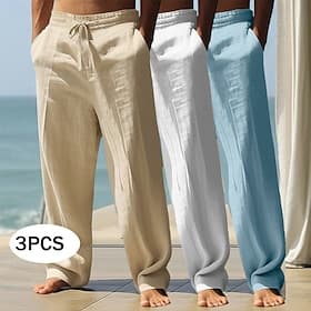 Herren Leinenhosen Hose Sommerhose Baggy-Hosen Strandhose Kordelzug Elastischer Bund Mehrfachpackung Einfarbig Komfort Atmungsaktiv Volle Länge Täglich Strand