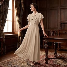 ancien Années Folles Années 1920 Longue longueur Robe Robe Charleston Manches courtes Gatsby le Magnifique Charleston Couleur Unie Ligne A Col en V Déguisement
