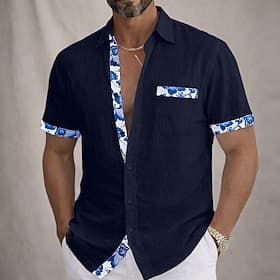 Men's Shirt Linen Shirt Summer Shirt Beach Wear Button Up Shirt Plain Casual Daily Blue Black White Pink Short Sleeve Turndown Summer Spring Clothing Apparel P
