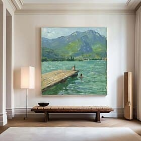 Green Abstract Landscape Oil Painting Large Green Blue Wall Art Lake Canvas Art Custom Summer Swimming Painting Vintage Countryside Art