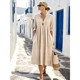 Women's Midi Cotton Linen Dress A Line Dress Casual Daily Loose Fit Plain 3/4 Length Sleeve V Neck Apricot Summer Spring