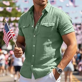 Herren Hemd Leinenhemd Sommerhemd Strandhemd Einfarbig Lässig Täglich Grün Hell Gray Leicht Blau Kurzarm Umschlagkragen Sommer Frühling Sommer Bekleidung Tasc