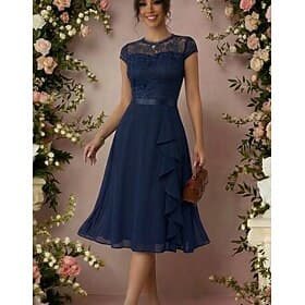 Damen abendkleider Spitzenkleid Cocktailkleid Midikleid Dunkelblau Kurzarm Einfarbig Spitze Sommer Frühling Herbst Rundhalsausschnitt Modisch kleid hochzeitsga