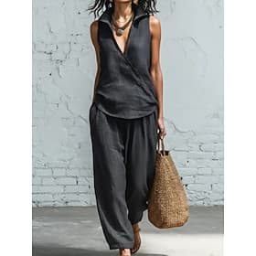 Women's Pants Sets Sleeveless V Neck Plain Fashion Streetwear Casual Daily Outdoor Blue Black White Summer Loose Fit