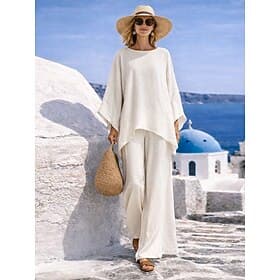 Women's Linen-feel Set Pants Sets Long Sleeve Crew Neck Solid Color Fashion Streetwear Casual Daily Outdoor Black White Khaki Spring Summer Loose Fit
