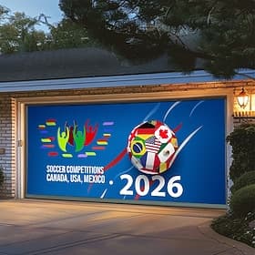 2026 fotballkonkurranser Canada USA Mexico global fotballturnering flagg fotball garasjeportbanner veggmaleri utendørs hus hagedekor sportsfan feiring bakteppe