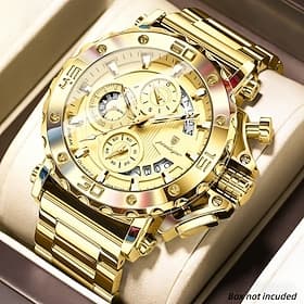 Orologio da uomo in oro, cronografo di lusso con quadrante grande, orologio analogico al quarzo con cinturino in acciaio inossidabile dorato, orologio sportivo