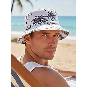 Wendbarer Herren-Sonnenhut aus Polyester mit mehrfarbigem Palmenmuster, lässige tropische Strandmütze im Fischerstil für Alltag, Reisen, Urlaub und Resort-Look