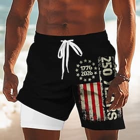 Men's 4th of July U.S. 250th Anniversary US Flag 1776 Lined Shorts 2 in 1 Board Shorts Swim Shorts Mid Waist Patriotic Holiday Side Pockets With Compression Li